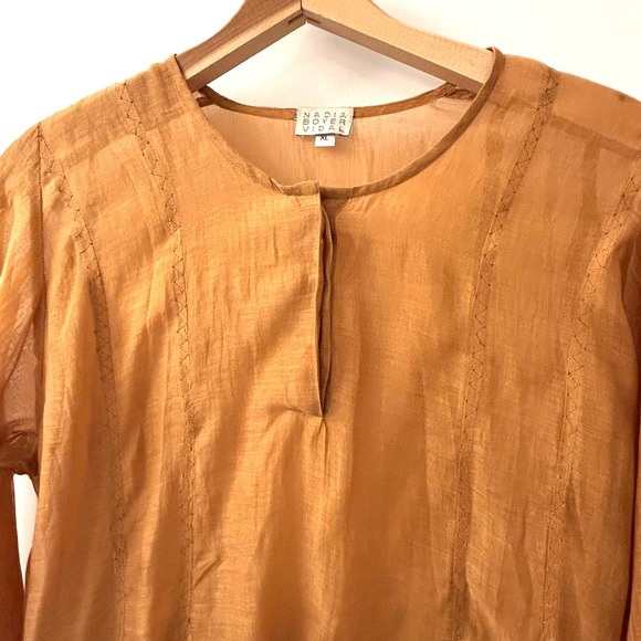 Nadia Boyer Vidal Women XL Embroidered Split Neck Tunic Dress Carmel Long Sleeve - Picture 3 of 13